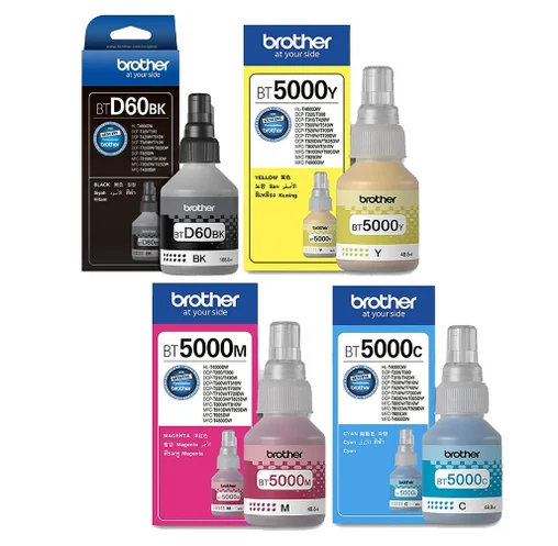 Brother BTD60BK / BT5000C / BT5000M / BT5000Y Genuine Ink Bottles – Black, Cyan, Magenta & Yellow